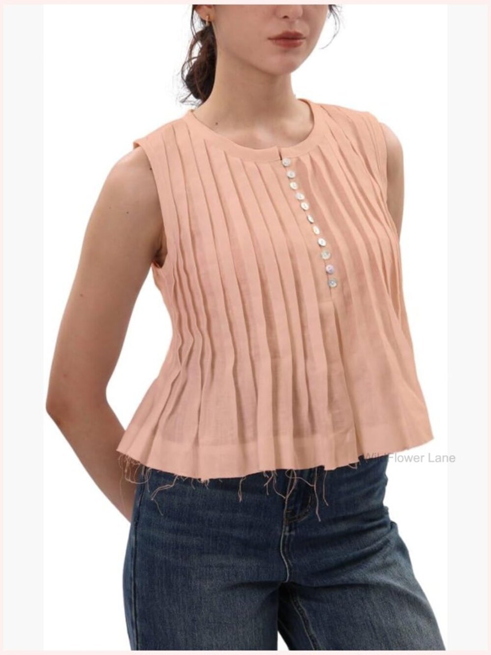 100% Linen Pleated Henley Tank Top Sleeveless Blouse
